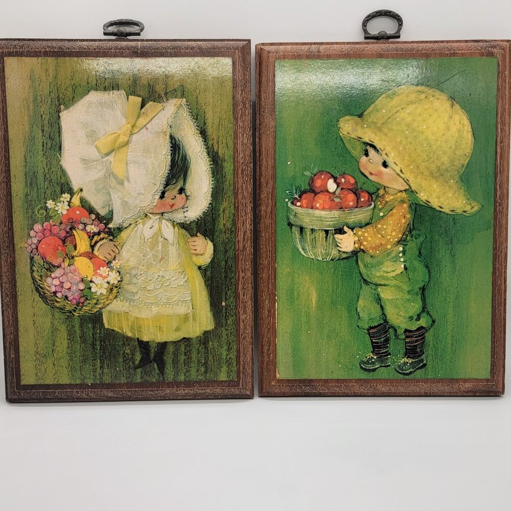 2 Vintage 1971 Hallmark Whimsical Mary Hamilton Green Woodtints Plaques Boy Girl